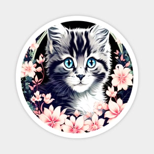 Black and Grey Kitten Surrounded by Spring Flowers Magnet